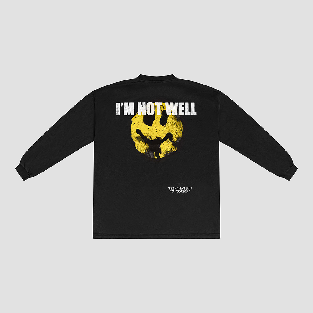 SMILEY FACE LONG SLEEVE T-SHIRT IN WASHED GREY